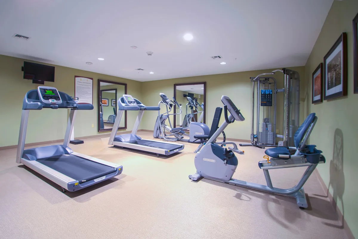 A contemporary fitness center with treadmills, an elliptical machine, exercise bike, and a selection of strength training equipment. The space is open and inviting, encouraging both individual and group workouts.
